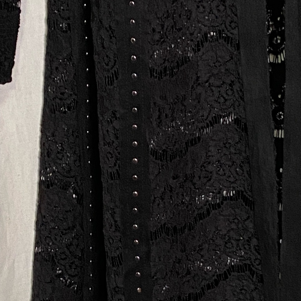 Vocal Lace Knit with Studded Faux Suede, Scalloped Hem Open Front Cardigan - Picture 5 of 13